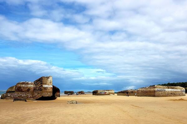 Long beautiful beach with remaining bunkers from WW2.