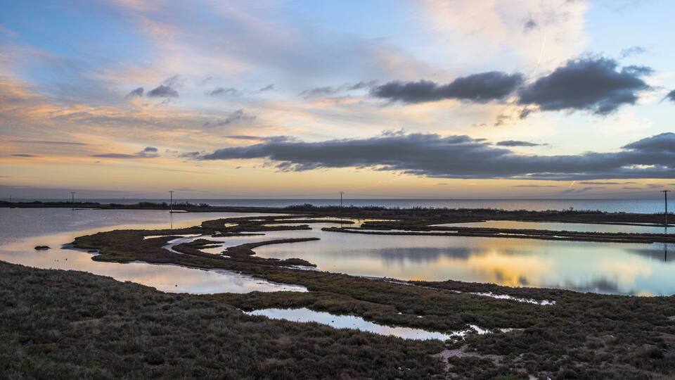 A coastal landscape with a series of interconnected water bodies and sparse vegetation.