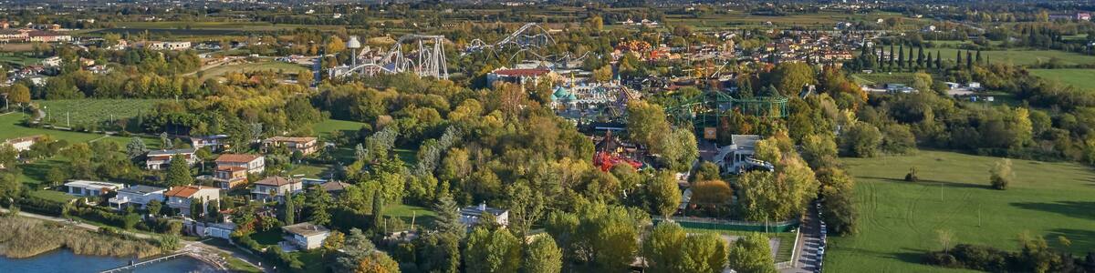 Aerial photography with drone. Amusement park Gardaland, Italy. Resort place. Aerial view. Autumn-winter season