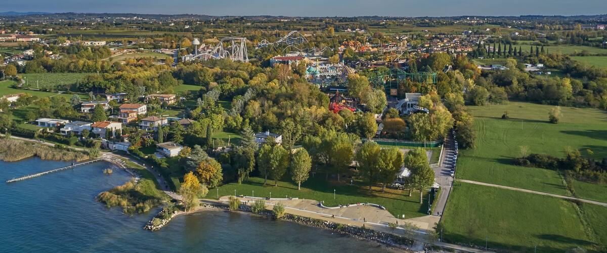 Aerial photography with drone. Amusement park Gardaland, Italy. Resort place. Aerial view. Autumn-winter season