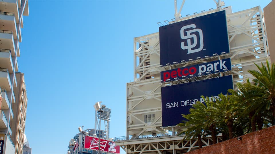 A stadium with a large blue sign reading "San Diego Petco Park" and a red sign with "Budweiser" branding.