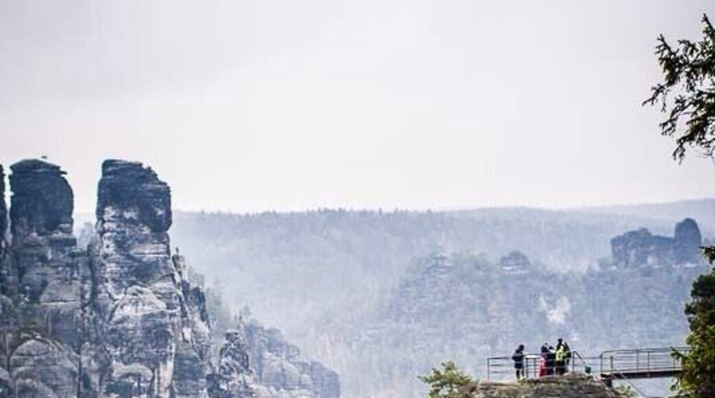 That's the view from the famous Bastei bridge into the landscape of so called Saxony Switzerland