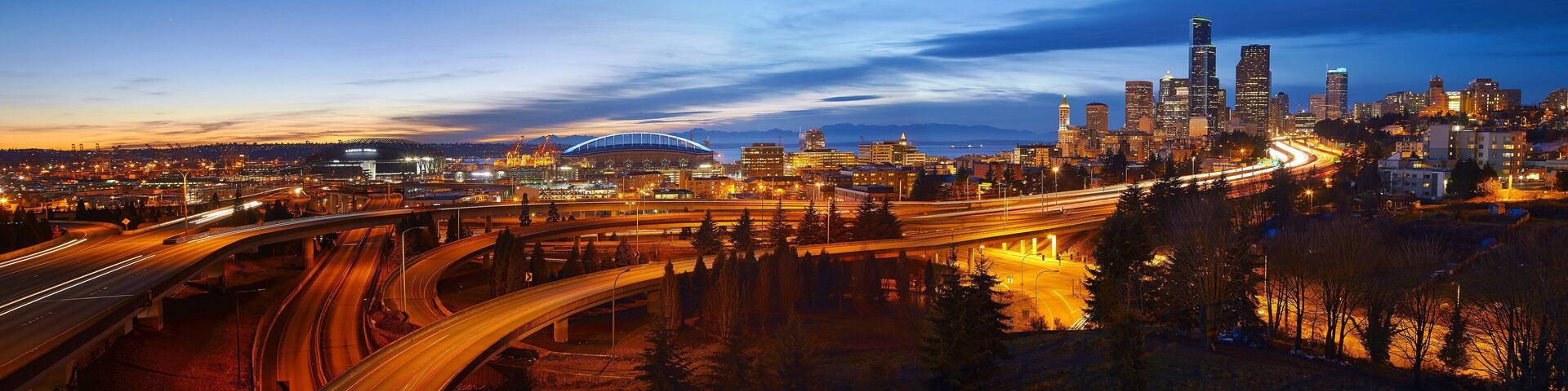Caption---- sunset behind Safeco field, Seattle