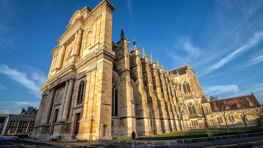 A historic cathedral with tall spires and detailed stonework.