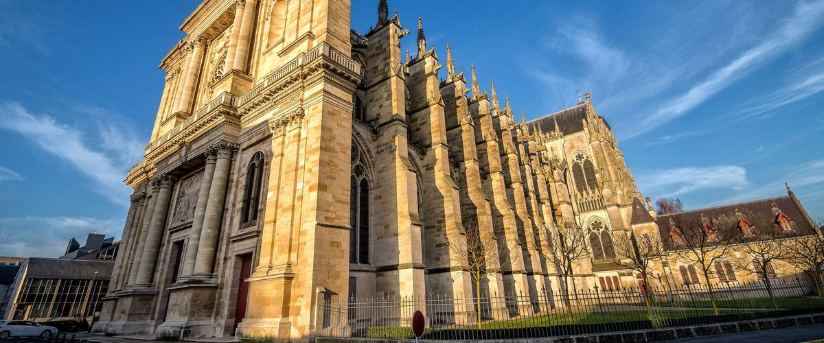 A historic cathedral with tall spires and detailed stonework.