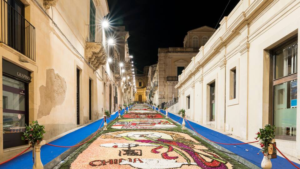 A nighttime street with a floral carpet, buildings, and a blue rope barrier.