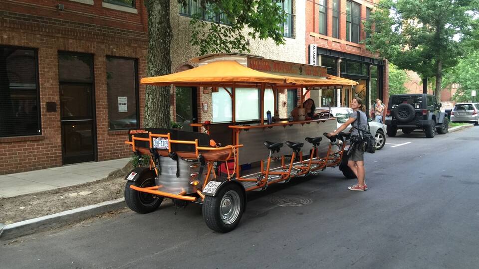 The amazing Pubcycle; everyone bikes together and drinks together.