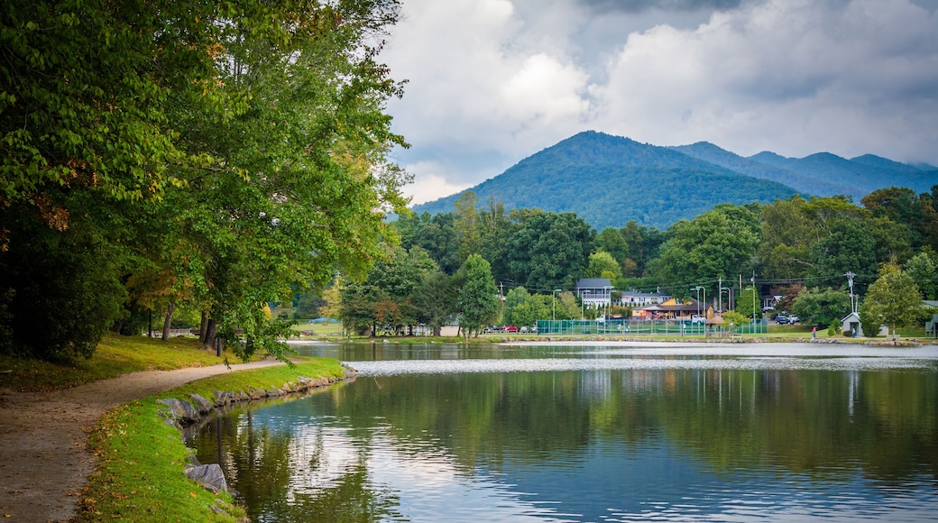 A calm lake surrounded by lush greenery and mountains in the background.