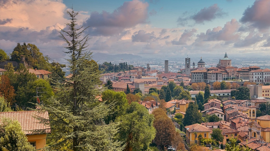 Bergamo, Italy - August 18, 2017: Panoramic view of the city of Bergamo from the castle walls