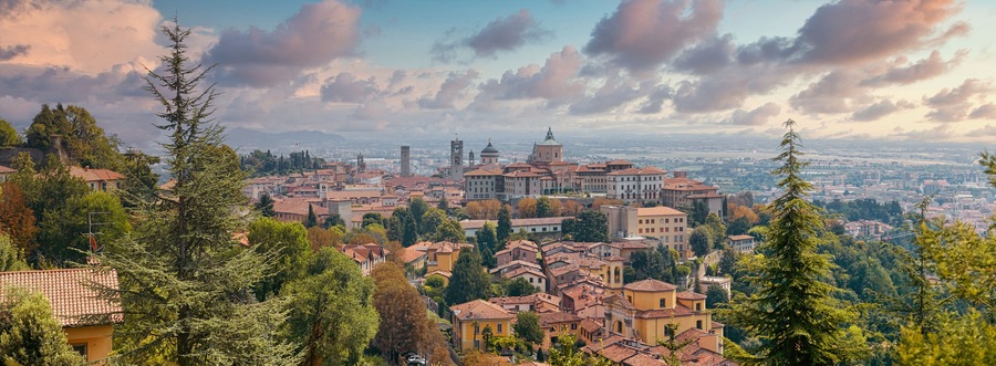 Bergamo, Italy - August 18, 2017: Panoramic view of the city of Bergamo from the castle walls