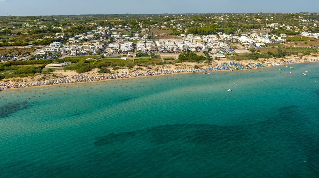 Panoramic aerial view of Pescoluse beach in Salento, Puglia, Italy. It is a hamlet of Salve and a seaside village with many holiday homes and villas. This beach is also called the Maldives of Salento.