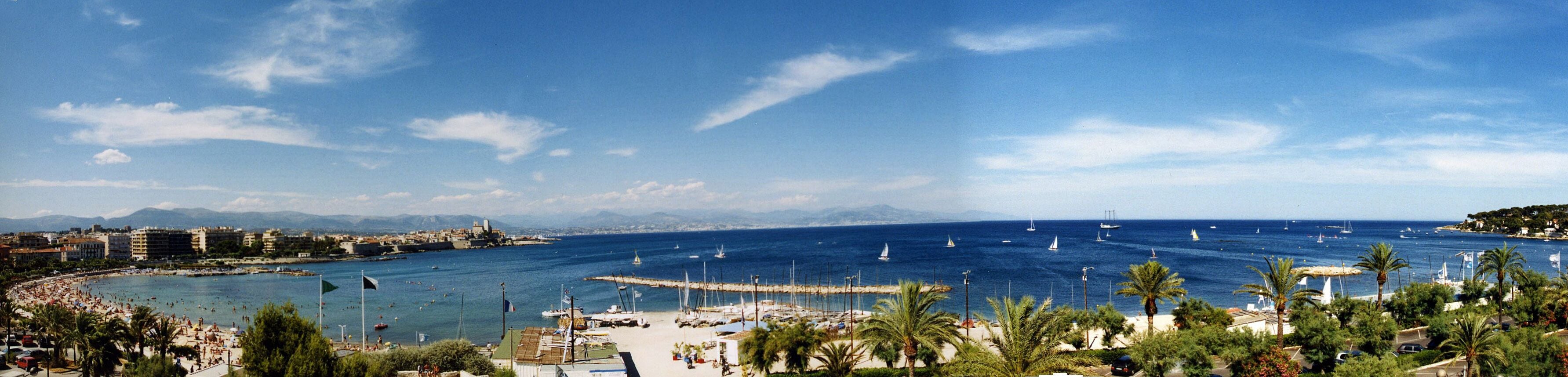 View looking East over the bay of Antibes, Mediterranean Sea, France
