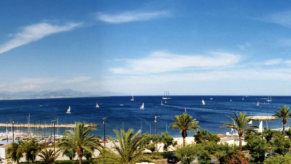 View looking East over the bay of Antibes, Mediterranean Sea, France