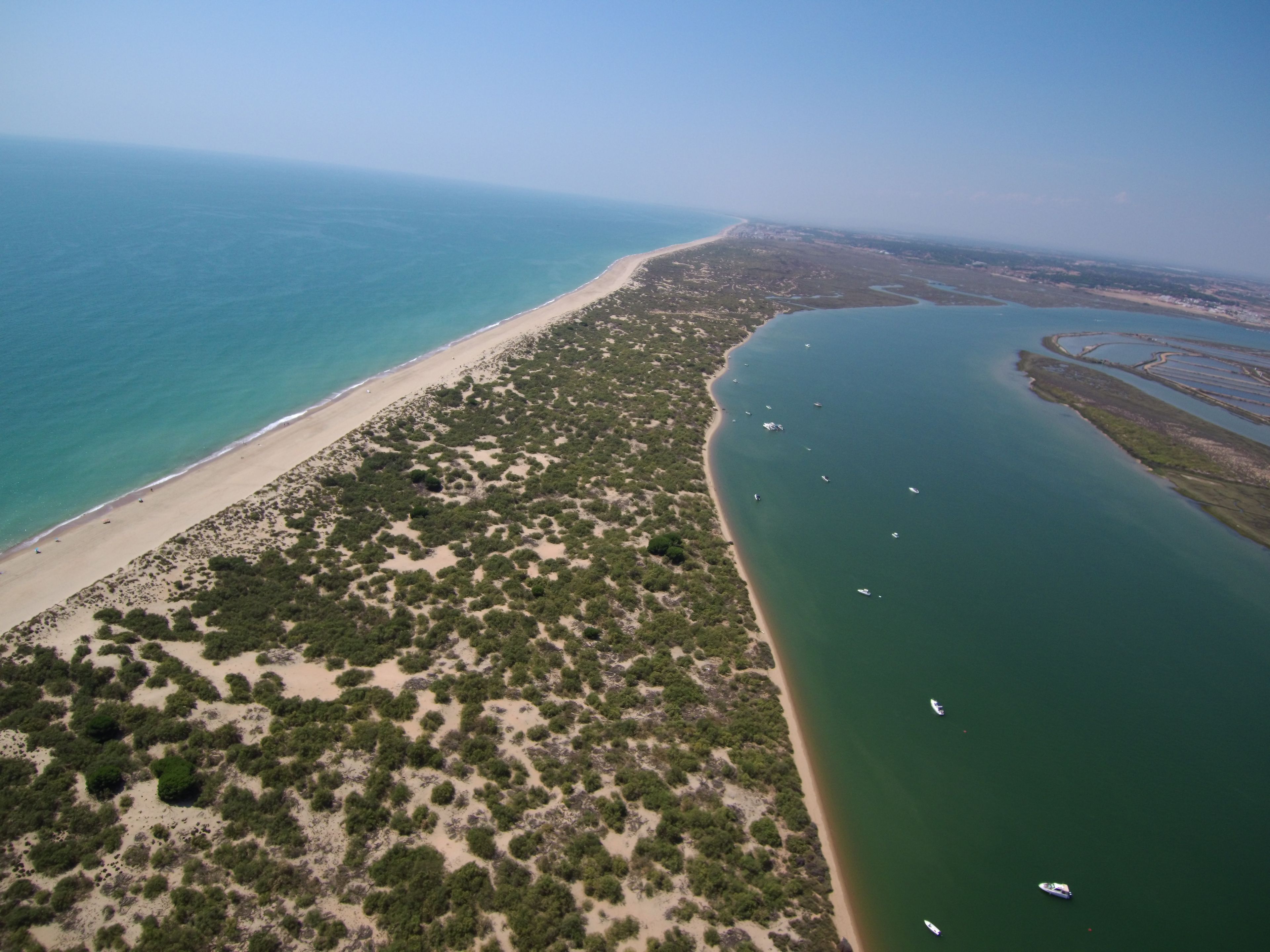 An aerial view of a coastal area with a sandy beach, dense vegetation, and a calm sea with several boats.
