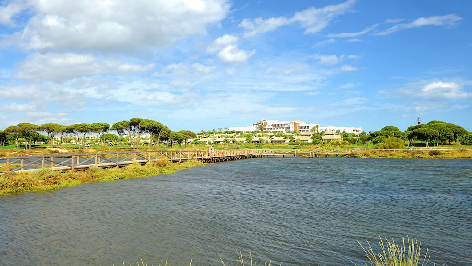 Marshes of Rio Piedras (River Stones) Natural Park and a luxury hotel at background in El Rompido, province of Huelva, Andalusia, Spain