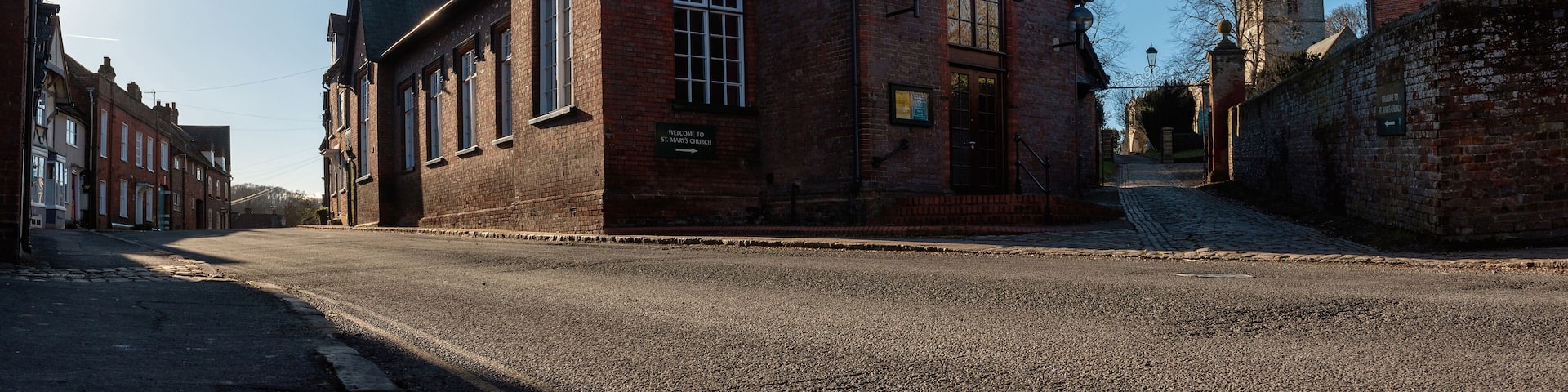 Panoramic view on empty Chesham with Church Street and St Mary's Church, Buckinghamshire, England