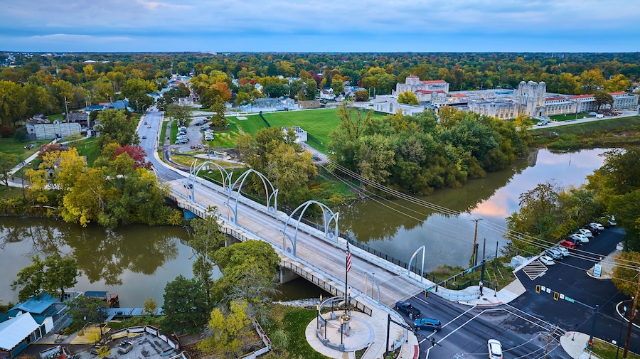 Aerial View of Riverside Town at Dusk with Veterans Memorial Bridge, Fort Wayne
