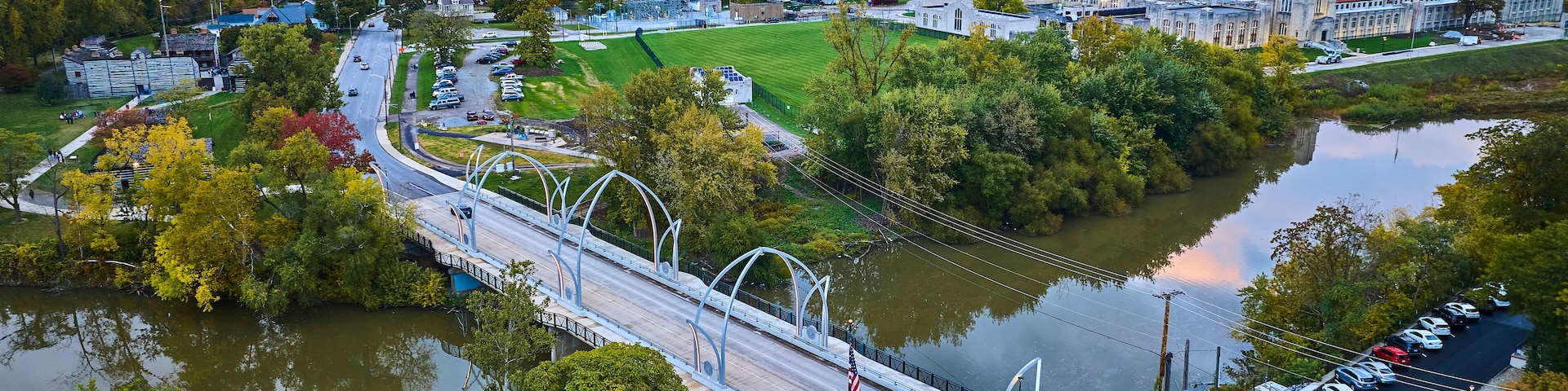 Aerial View of Riverside Town at Dusk with Veterans Memorial Bridge, Fort Wayne