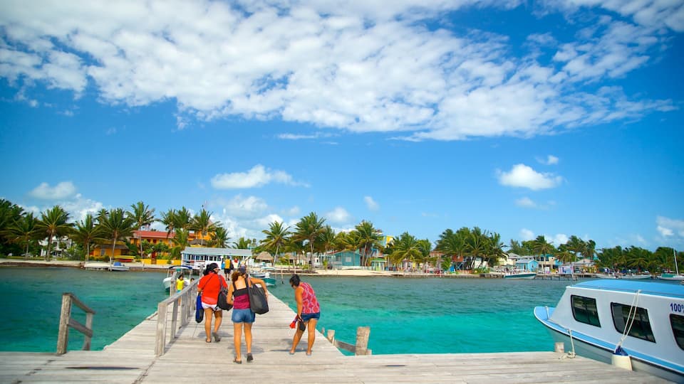 A wooden pier leading to turquoise waters with people walking, palm trees, and colorful buildings in the background.