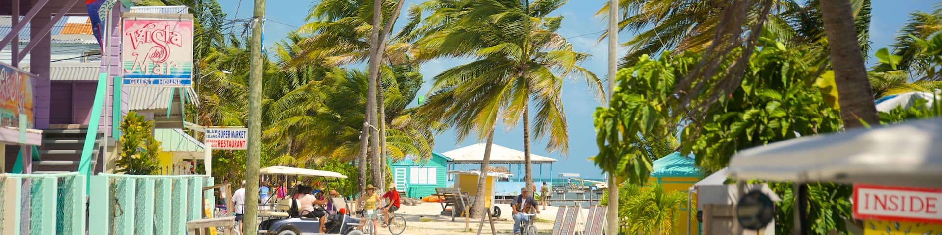 A beachside market with palm trees, a blue building, and a sign for 'Blue Super Market'.