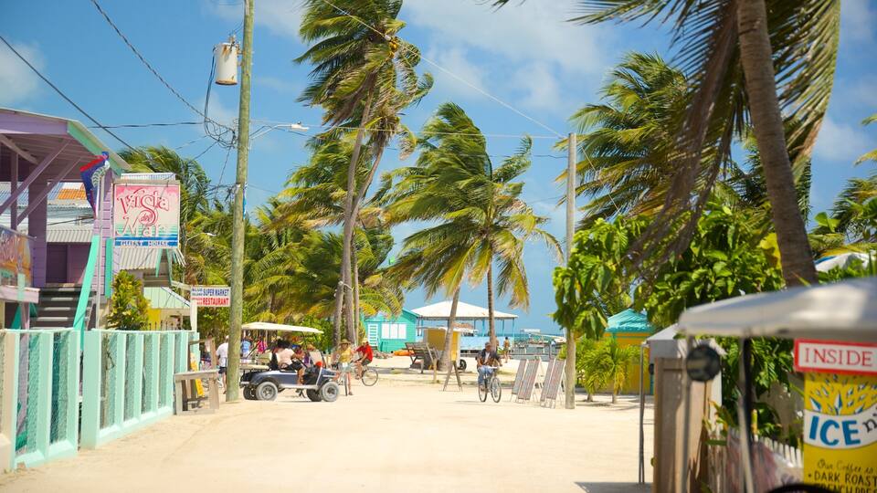 A beachside market with palm trees, a blue building, and a sign for 'Blue Super Market'.