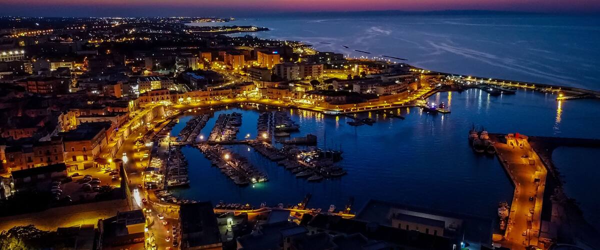 A coastal cityscape at dusk with illuminated streets and a marina.