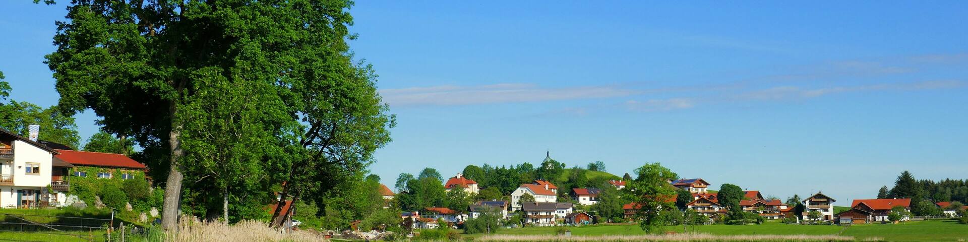 Blick vom Weg entlang Bad Soier See auf Bayersoien mit Ufer, Baum und Dorf unter blauem Himmel