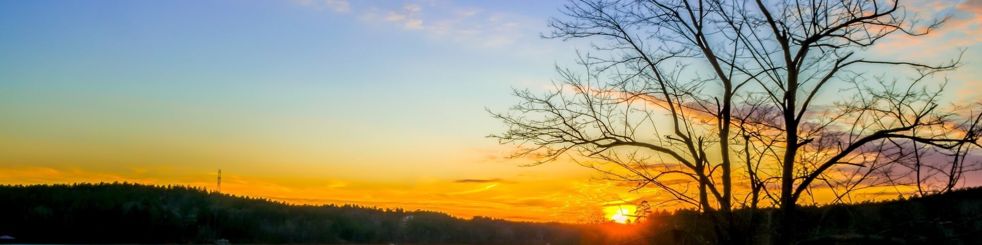 Um pôr do sol sobre um lago calmo, com uma árvore em primeiro plano e um cais à direita.
