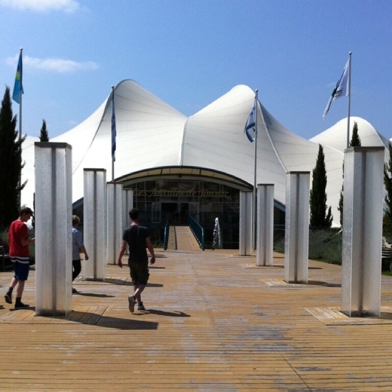 A modern architectural structure with a unique curved roof, surrounded by tall columns and a wooden boardwalk.