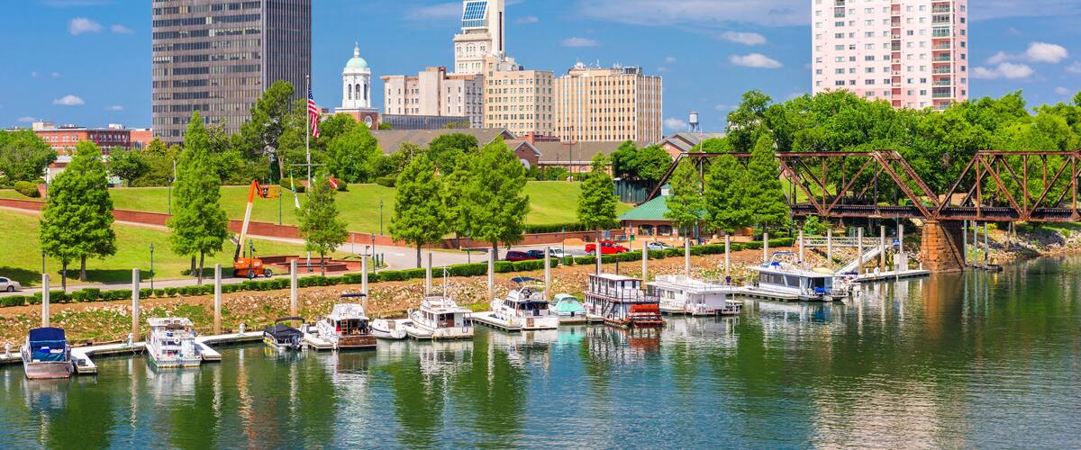 A marina with boats, a bridge, and a city skyline in the background.
