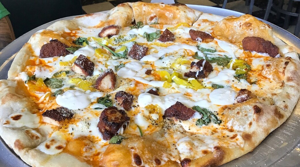 The best pizza i have had in my life!
Buffalo Chicken Specialty Pizza: spicy buffalo chicken, banana peppers, spinach, buffalo sauce, ranch or bleu cheese.