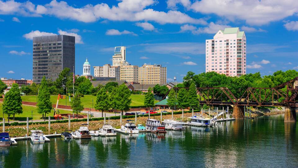A marina with boats docked, a bridge, and a city skyline with various buildings.