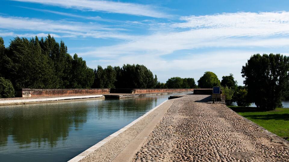 A canal with a paved walkway, trees, and a clear sky.