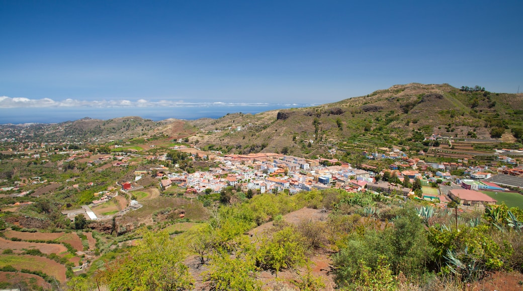 A coastal town with terraced fields, a hilltop church, and a clear view of the ocean.