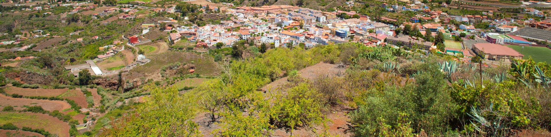 A coastal town with terraced fields, a hilltop church, and a clear view of the ocean.