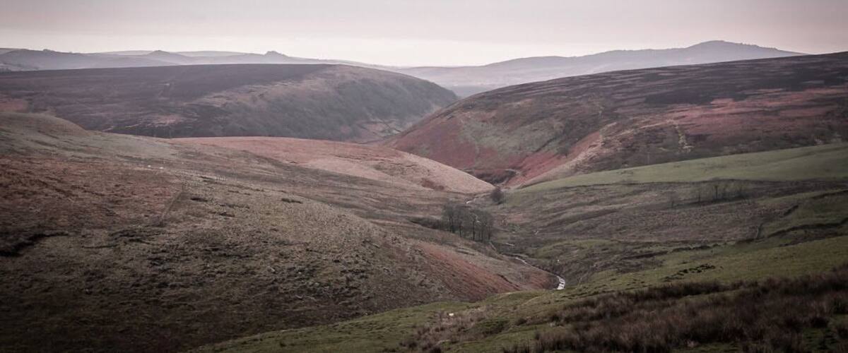 A valley with rolling hills and a narrow path.