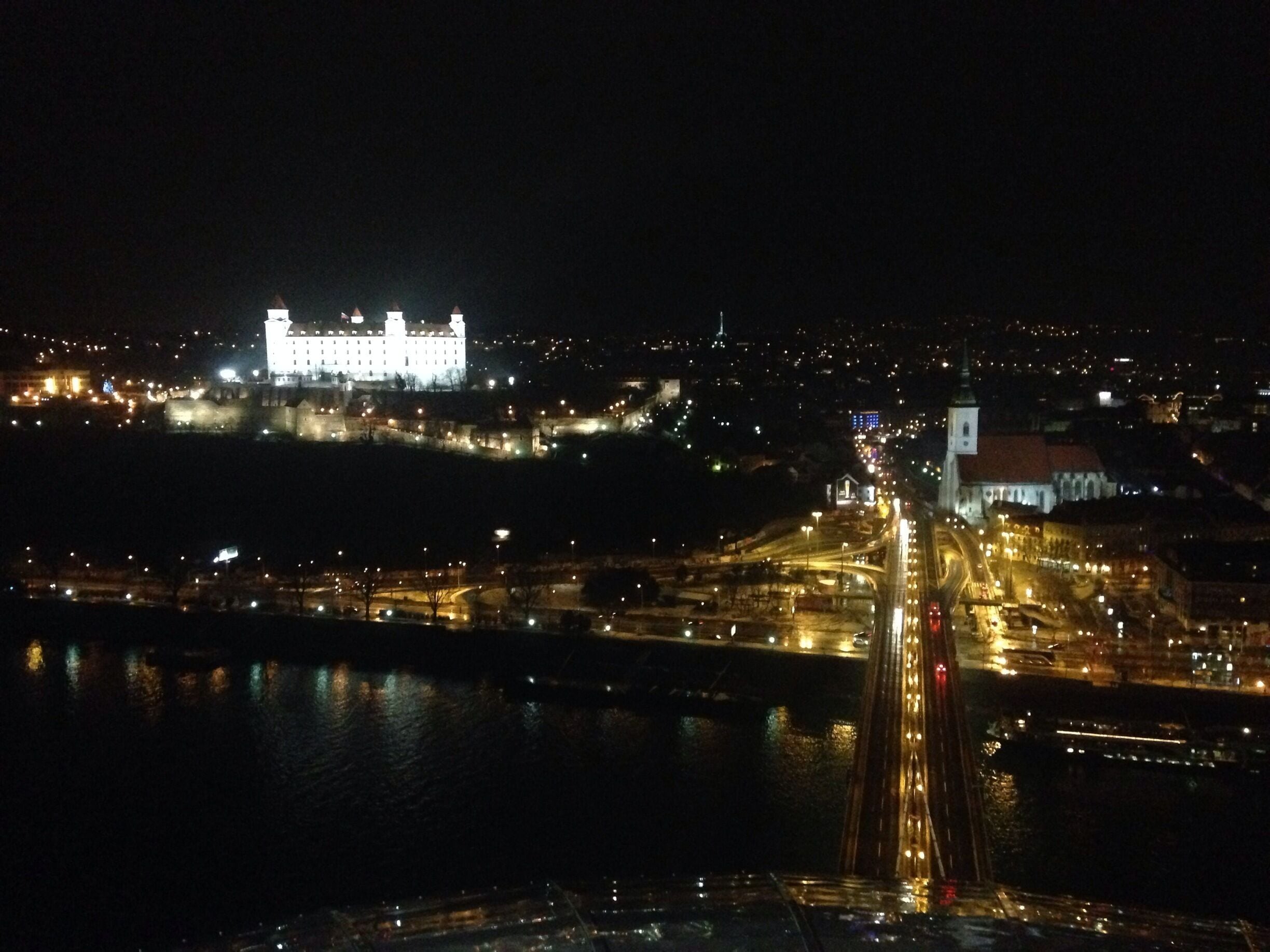 Cocktails on top of the "UFO" tower in Bratislava built as part of the suspension bridge across the Danube. 
