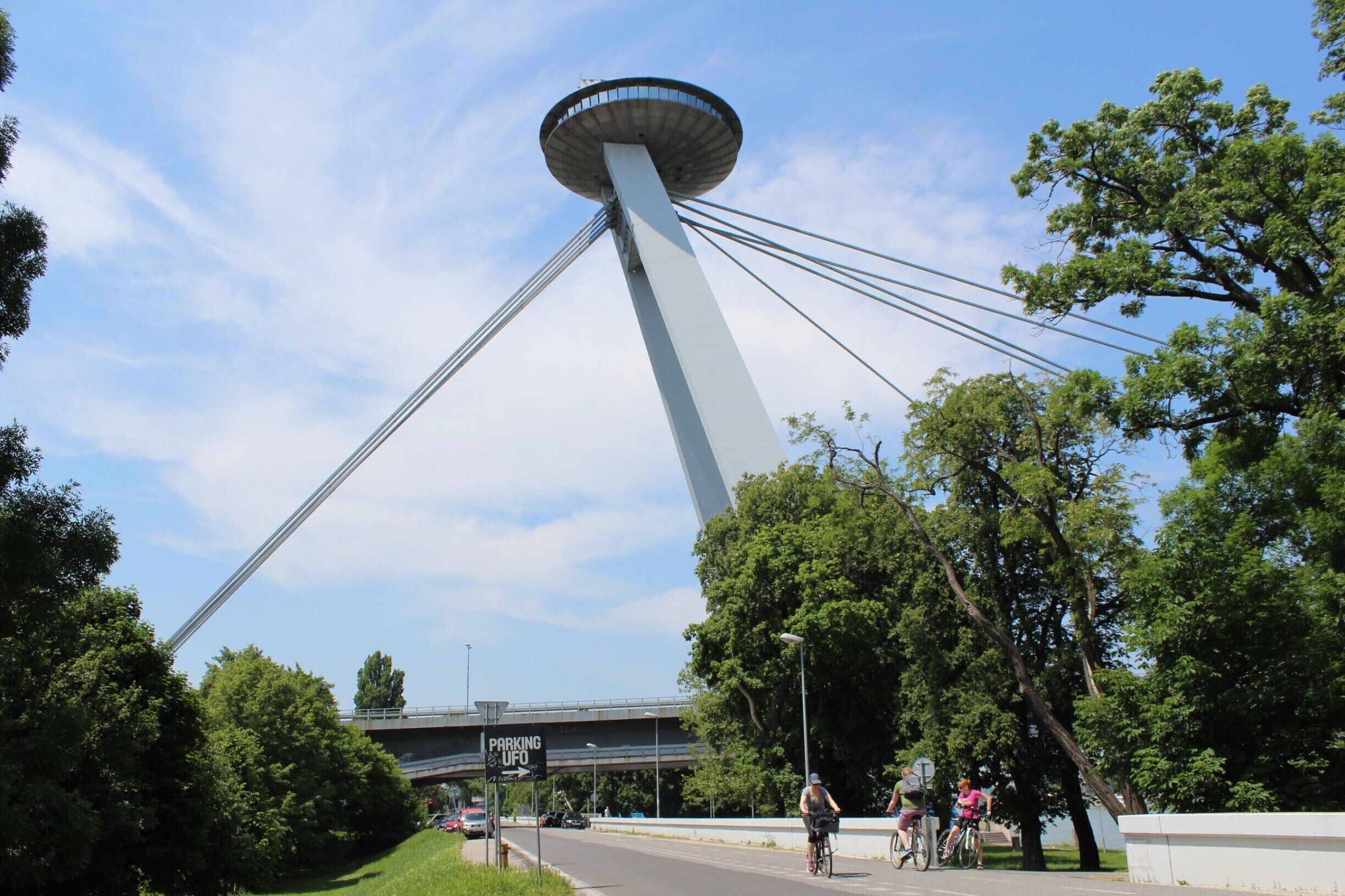 The tower of Novy Most, better known as UFO tower stands out over the south part of  the bridge. If you have a student card regardless of the country you get a 50% discount on getting to the roof to take spectacular shots of Old Bratislava.