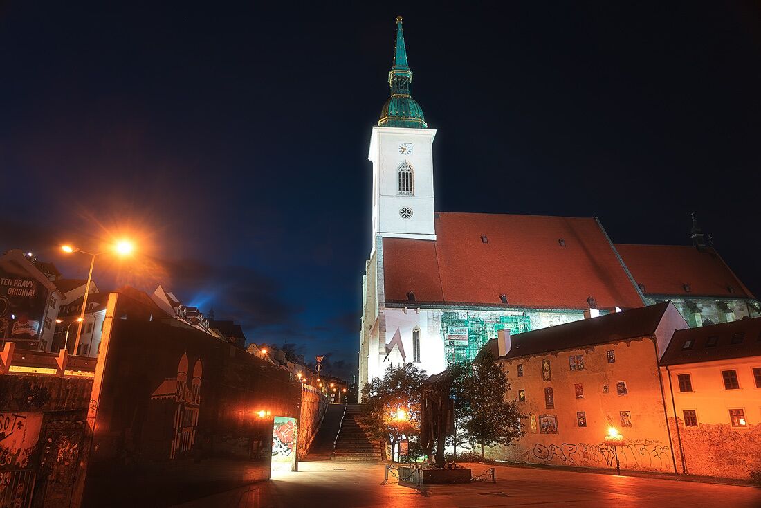 St. Martin's Cathedral in Bratislava. It's a cool Gothic church you can't miss if you're going to the New Bridge or Bratislava Castle.
http://www.alwayswanderlust.com/a-day-in-bratislava-the-beauty-on-the-danube/