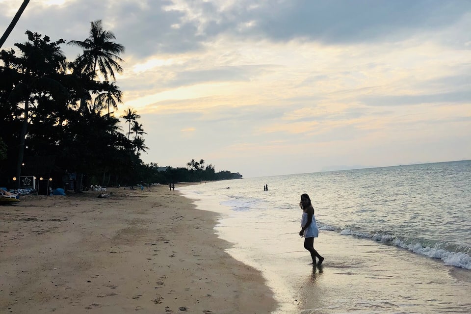 A beach with footprints, palm trees, and the ocean.