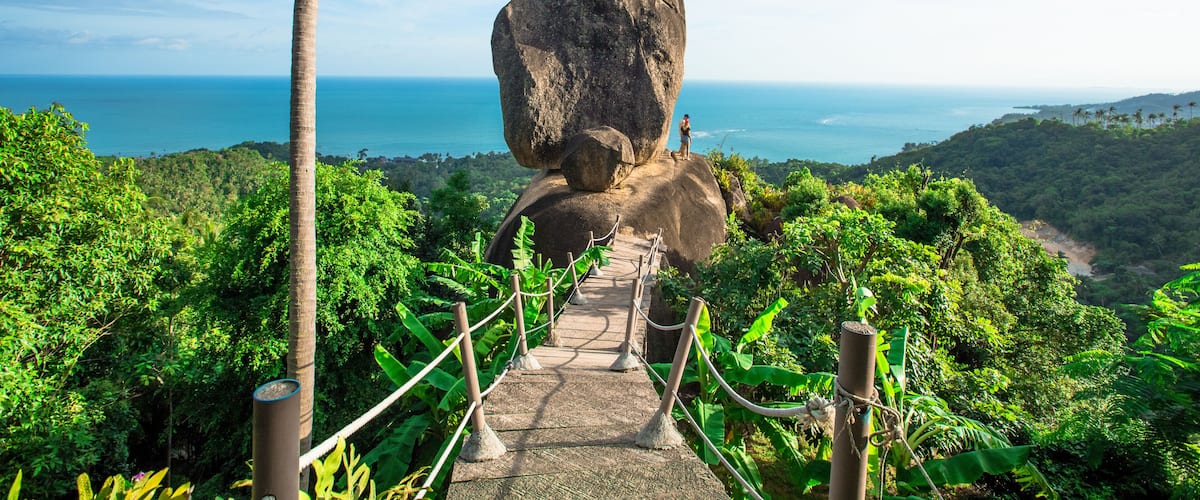 A pathway leading to a large rock formation with a view of the ocean and lush greenery.
