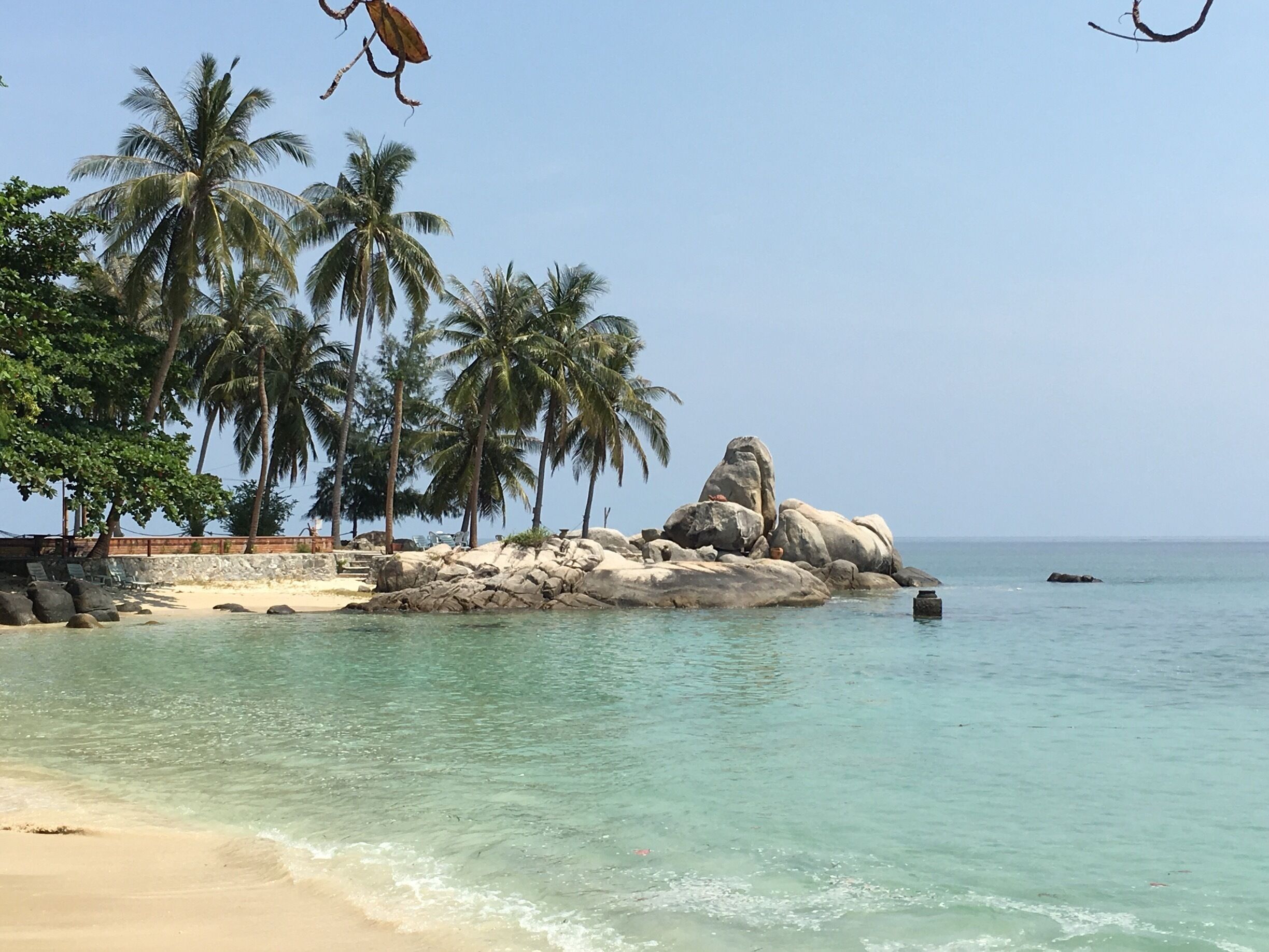 A beach with clear turquoise water, palm trees, and large rocks.