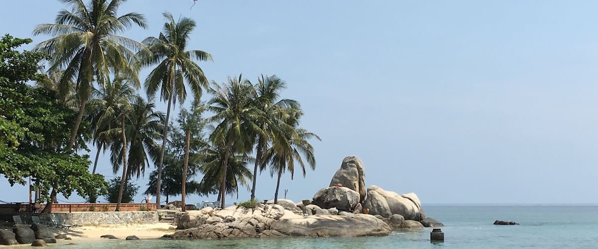 A beach with clear turquoise water, palm trees, and large rocks.