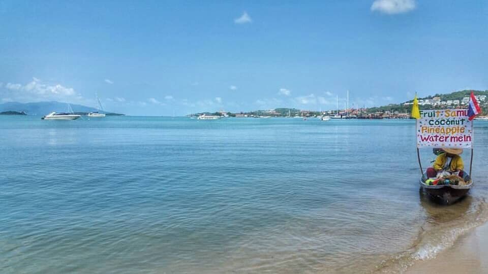 A calm sea with a boat carrying a sign listing fruits and watermelons.