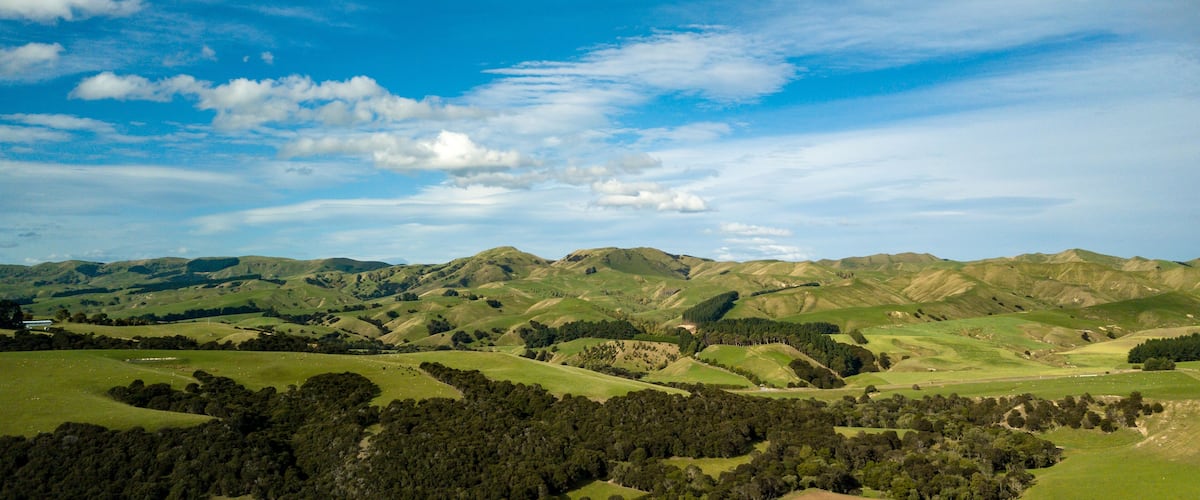 Rolling green hills, a clear blue sky, and scattered clouds.