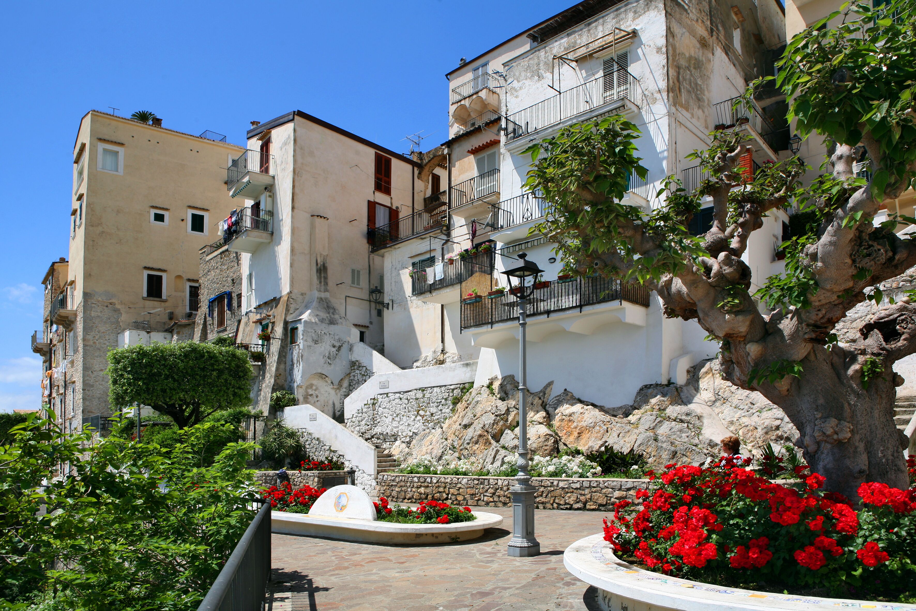 Uma escadaria de pedra leva a um edifício com varandas, rodeado por flores vermelhas e vegetação.