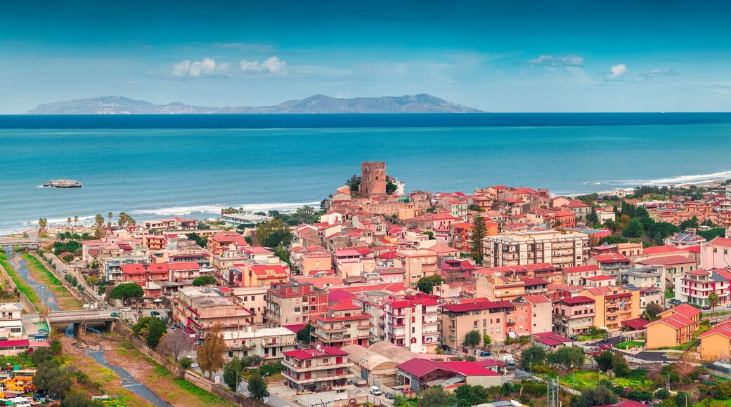 Colorful view from bird's eye of Brolo town