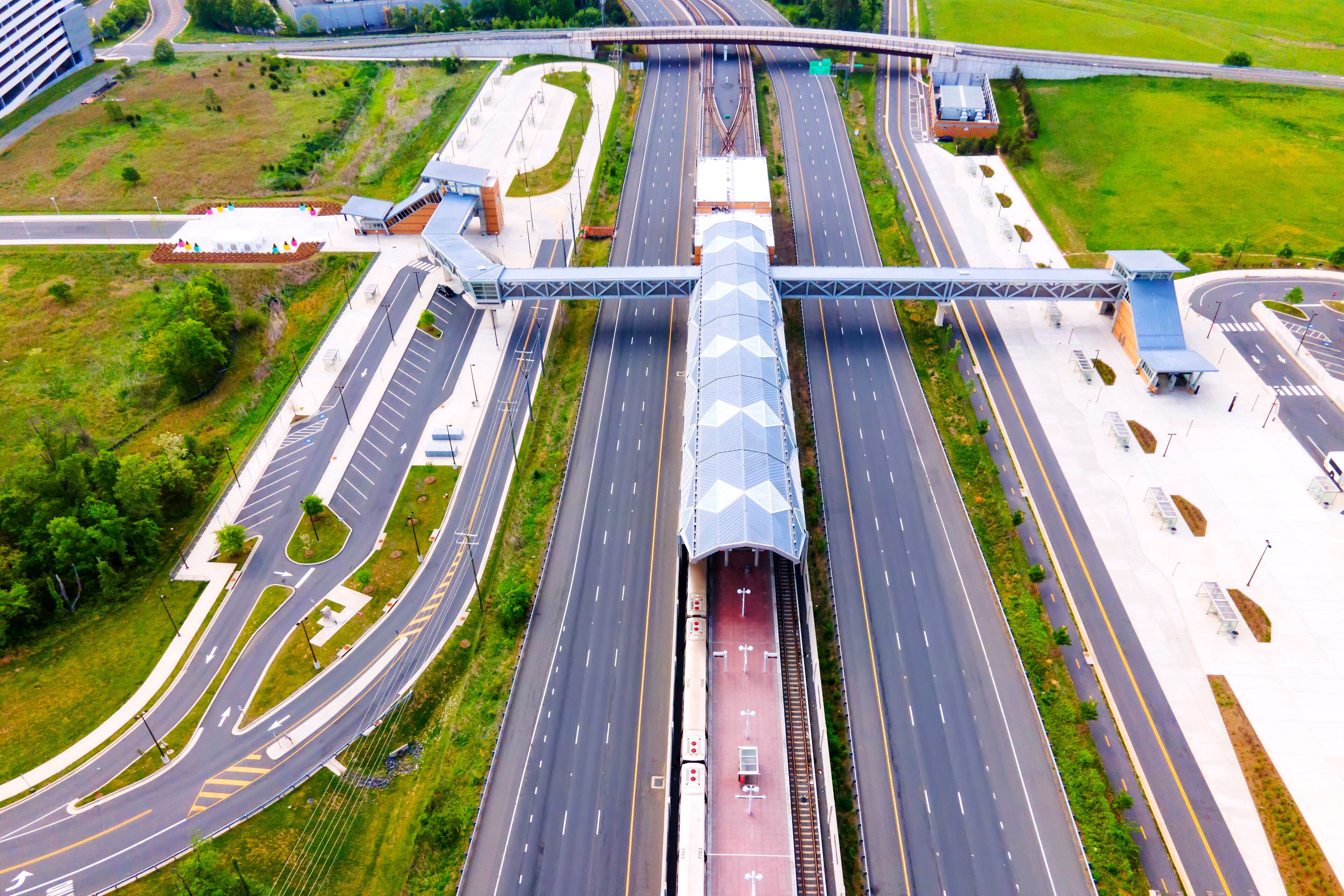 New subway and highway station in Ashburn, Washington, DC, seen from above.