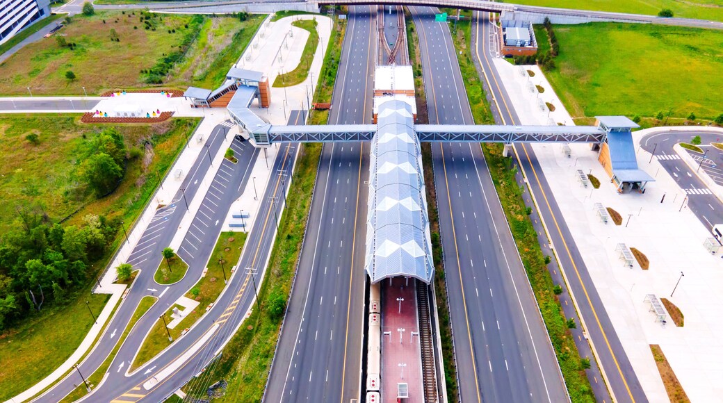 New subway and highway station in Ashburn, Washington, DC, seen from above.