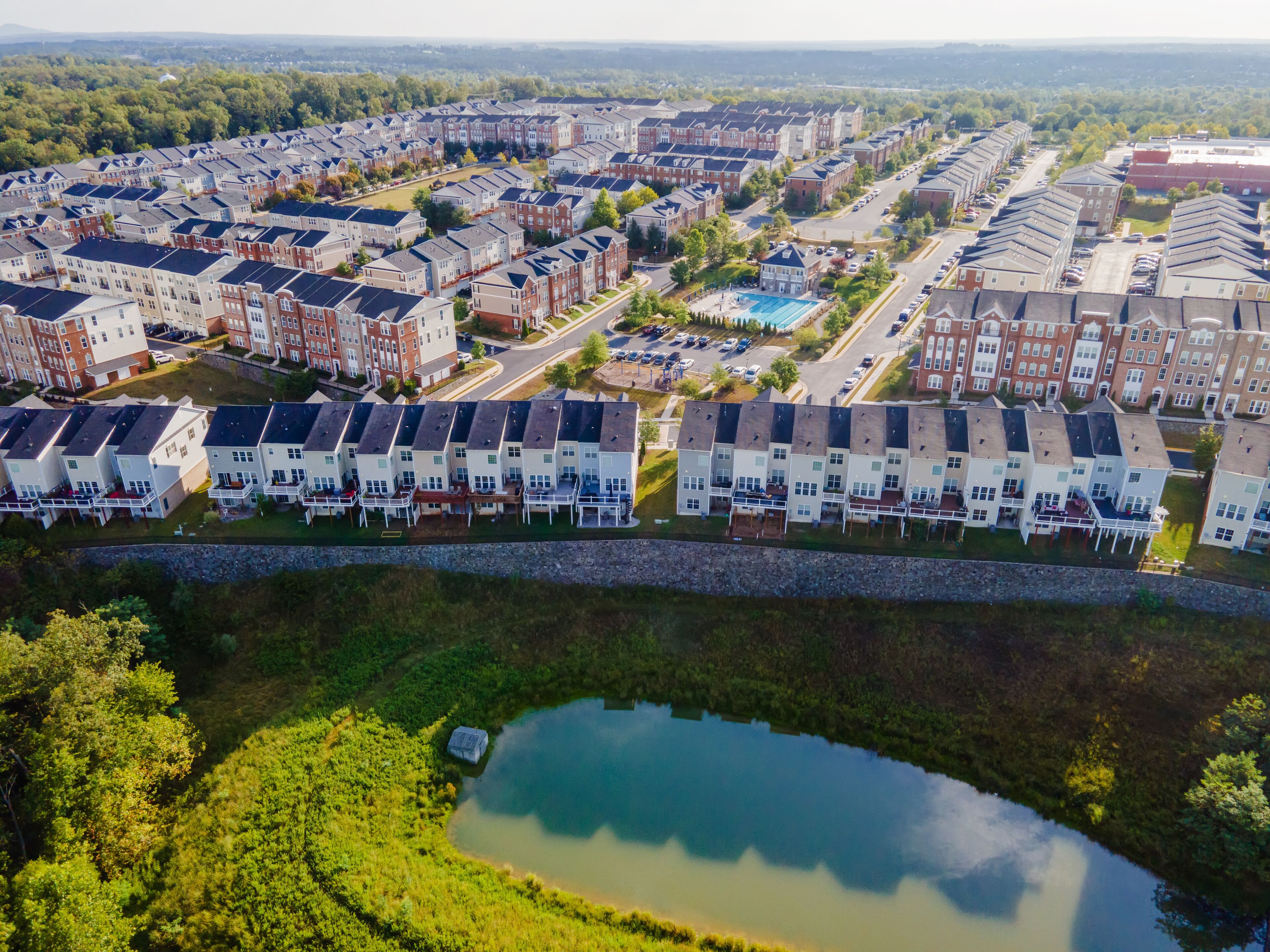 Aerial drone view of residential area of a small town